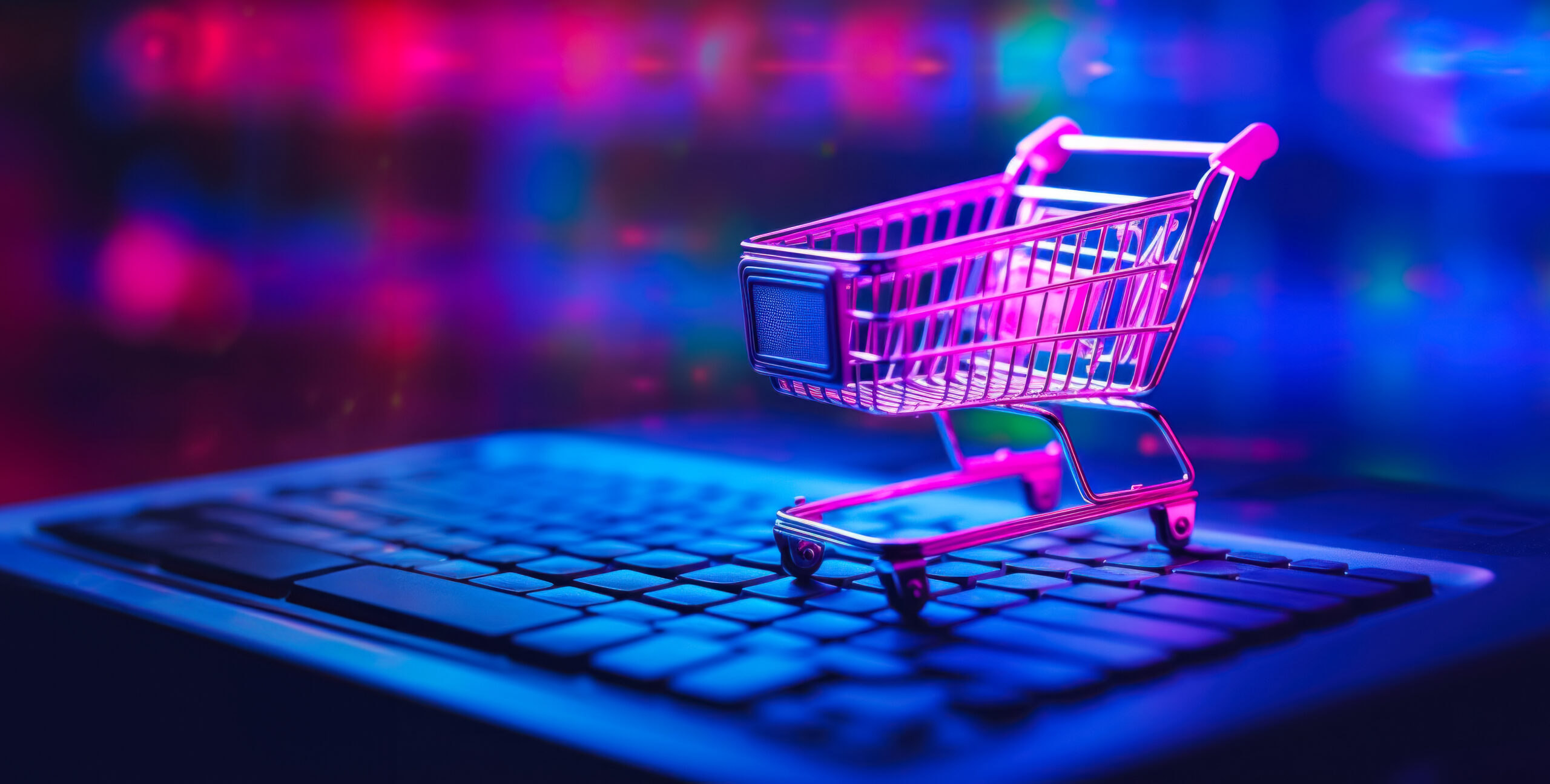 Photo of a shopping cart standing on a computer keyboard.